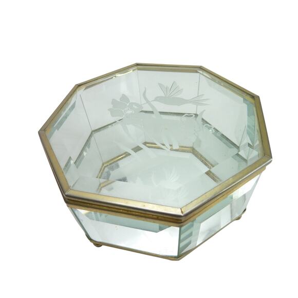 Vintage Etched Glass Brass Trinket Jewelry Box Chest Footed Hummingbirds - Picture 1 of 7